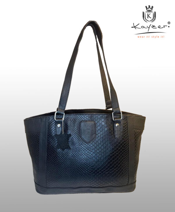 KAYZER WOMEN'S HANDBAG SHOULDER BAG Black Cowhide Leather Snake Pattern Elegant